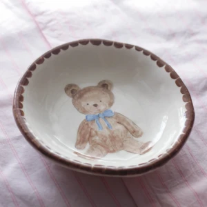 Handmade Ceramic Porridge Bowl with Teddy Bear Illustration by Dirt Person Ceramics