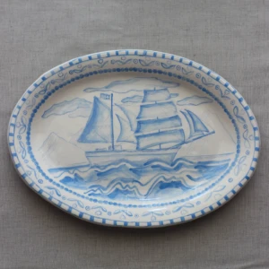 Handmade Ceramic Platter with Greek Ship Illustration by Dirt Person Ceramics