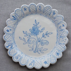 Handmade Ceramic Plate with Blue Flower Illustration by Dirt Person Ceramics